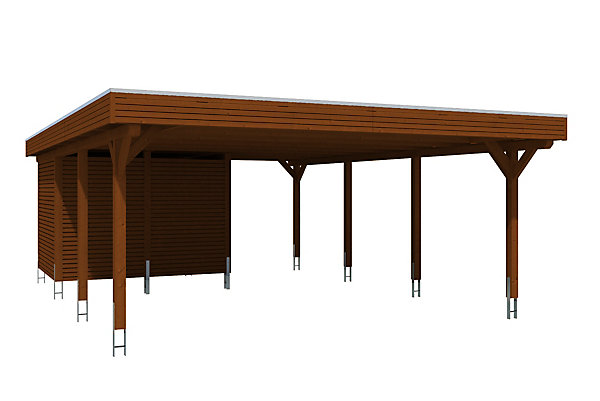 Carport SKAN HOLZ Spessart 611x846cm avec remise, bois lamellé-collé, traitement coloré noyer
