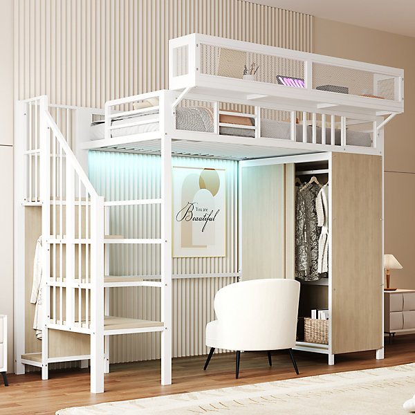 Lit Mezzanine 90x200 cm - Lit Ado avec Armoire et éclairage LED, Garde-Corps en Filet - Sans Matelas - Métal et MDF - Blanc