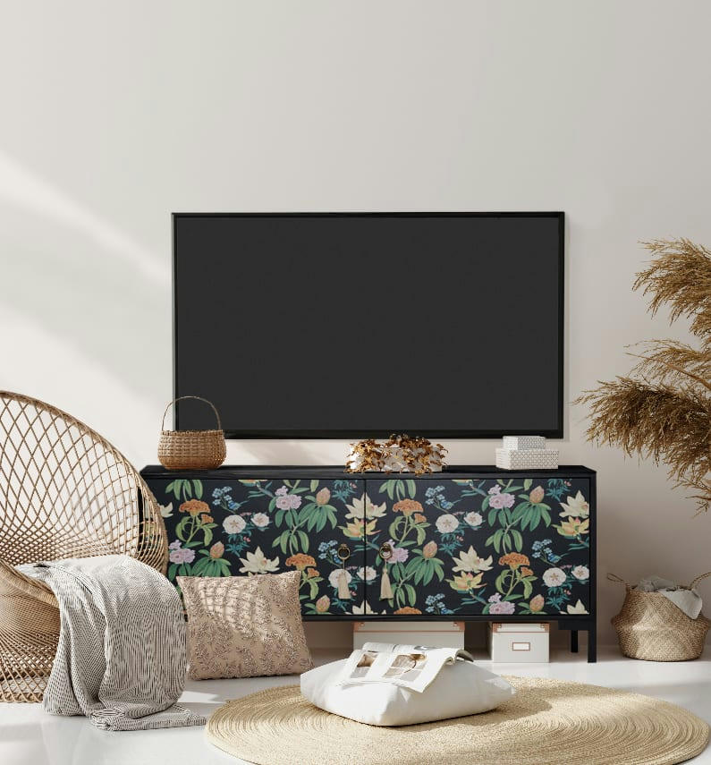 JARA - Meuble TV 2 portes laqué MDF imprimé floral sur fond noir