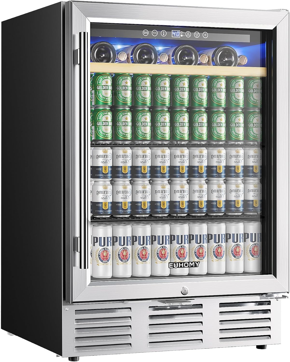 EUHOMY 24 Inch Wine and Beverage Refrigerator, 112 Cans & 8 Bottles Built-in or Freestanding Beverage Refrigerator Double-Layer Glass Door, Under Counter Wine Fridge for Kitchen, Bar, Office
