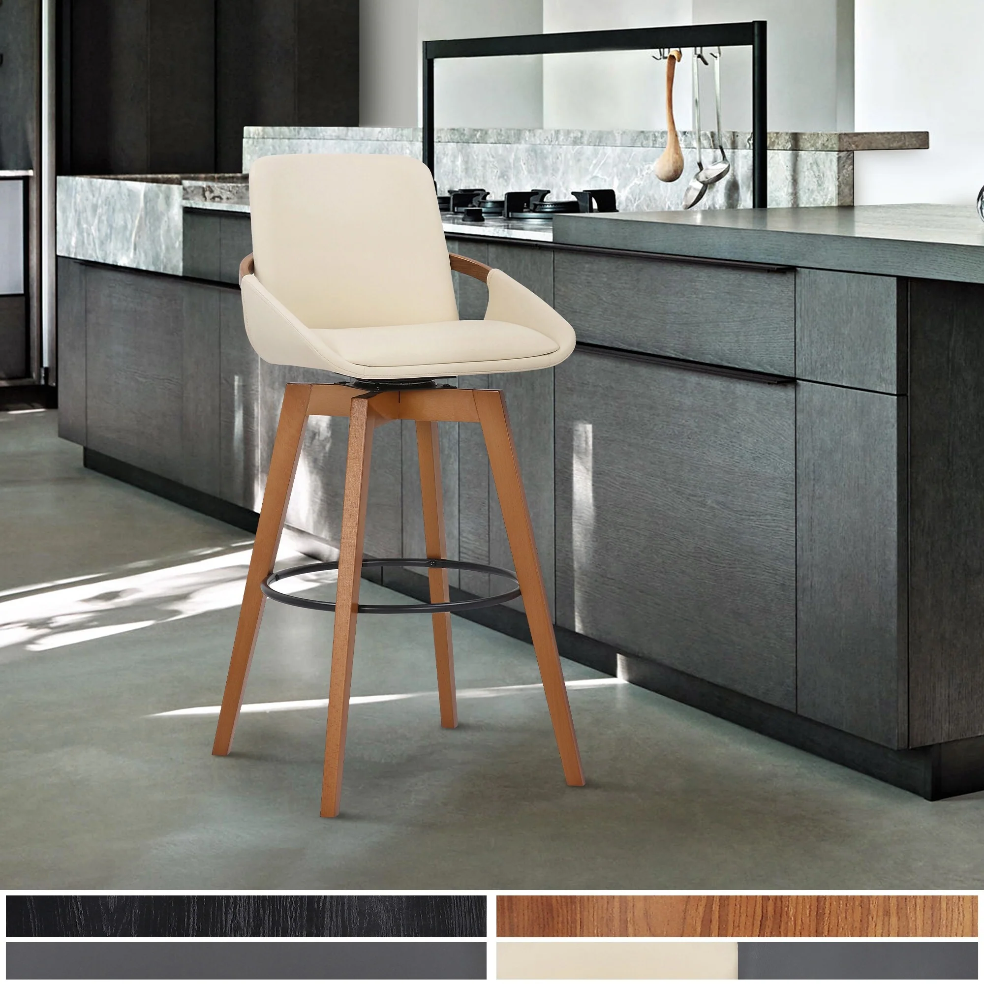 30 Luxurious Cream Faux Leather and Walnut Swivel Bar Stool