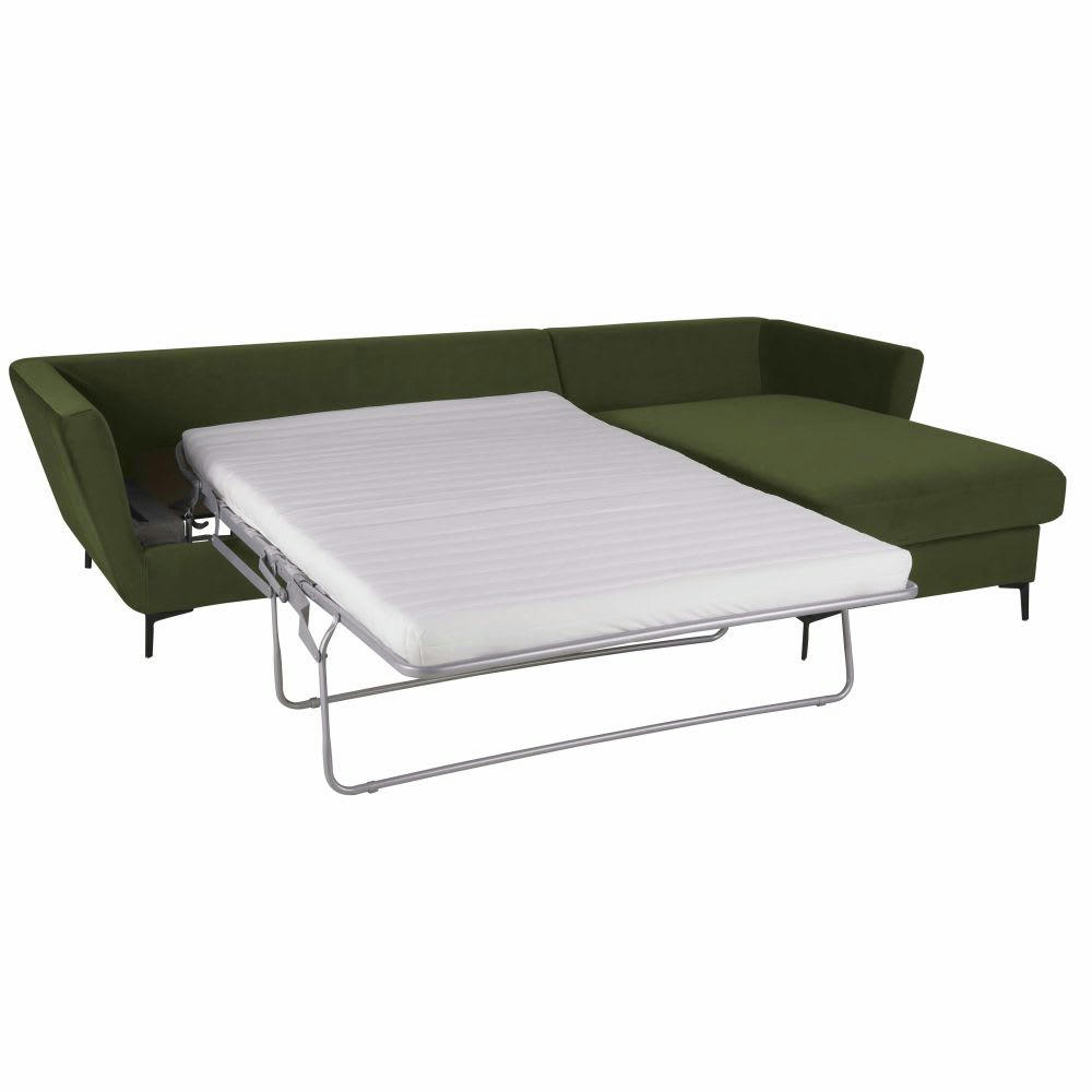 Prague - Canapé d'angle droit convertible 2/3 places en velours vert mousse, matelas 10 cm