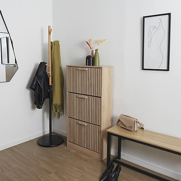 PAJAN - Meuble à Chaussures 3 Portes Basculantes Effet Bois avec Tasseaux
