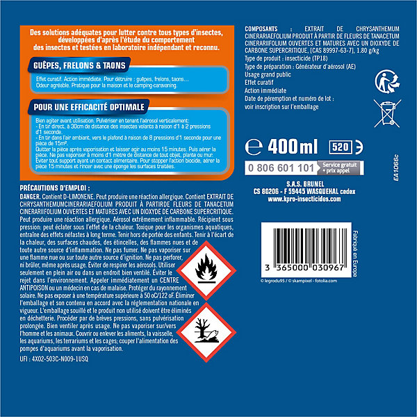 Aérosol guêpes, frelons et taons Kapo 400ml