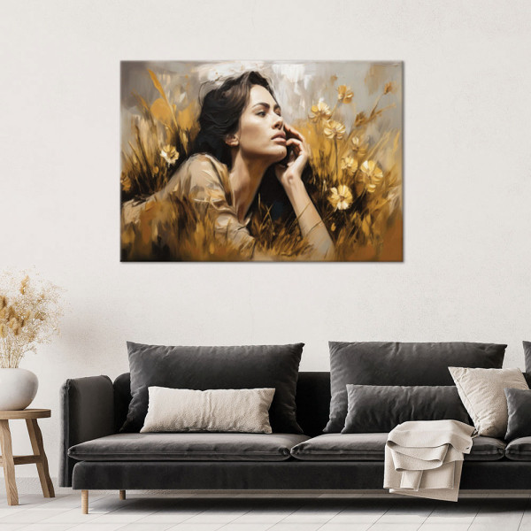 Feeby Obraz na płótnie, Kobieta leżąca na łące Kwiaty Złoty 60x40