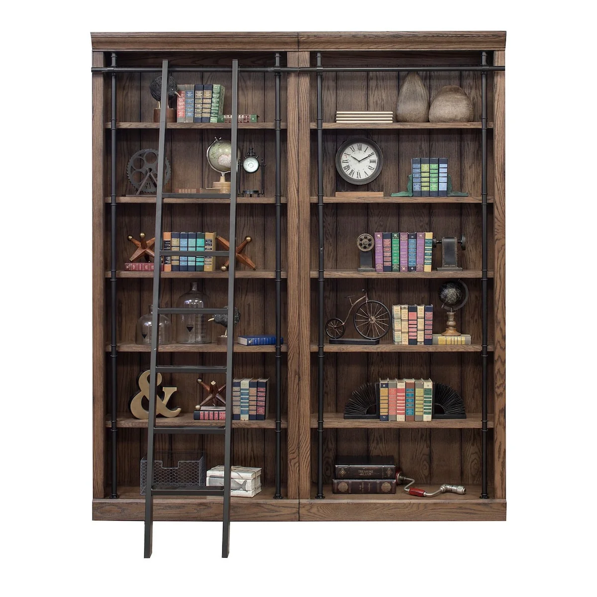 Avondale 8' Tall Bookcase Wall With Ladder, Storage Organizer, Display Shelf for Office, Brown - 80W x 94H x 15D