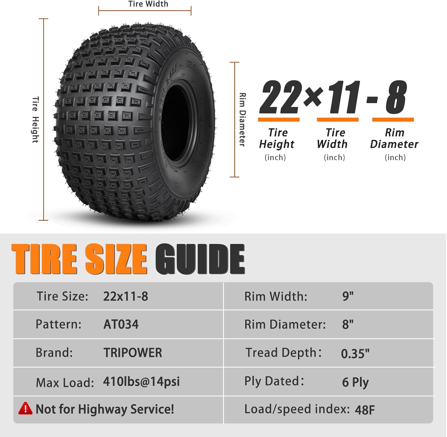 TRIPOWER 22x11x8 ATV UTV Tires 22x11-8 All-Terrain Knobby Golf Cart Tires for Trail Sand Mud Off-Road Tire, 6-Ply Tubeless, Pair of 2