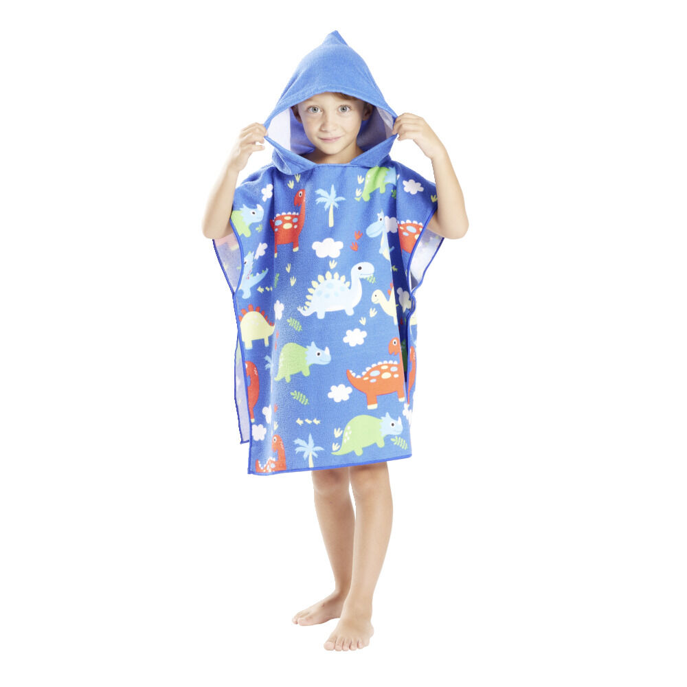 Poncho capuche sortie de plage enfant motif dino bleu 60x60xH120cm