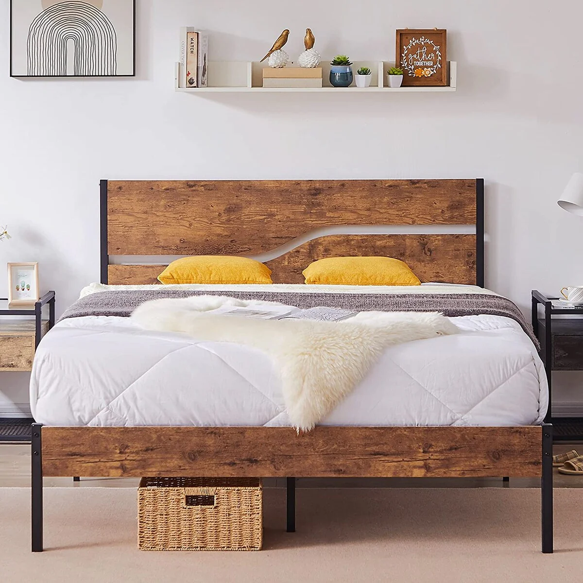 Javlergo Metal Platform Bed Frame with Wooden Headboard and Footboard, Industrial Metal Bedframe No Box Spring Needed