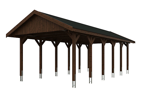 Carport SKAN HOLZ Wallgau 430 x 900 cm, traitement coloré noyer, avec bardeaux noirs