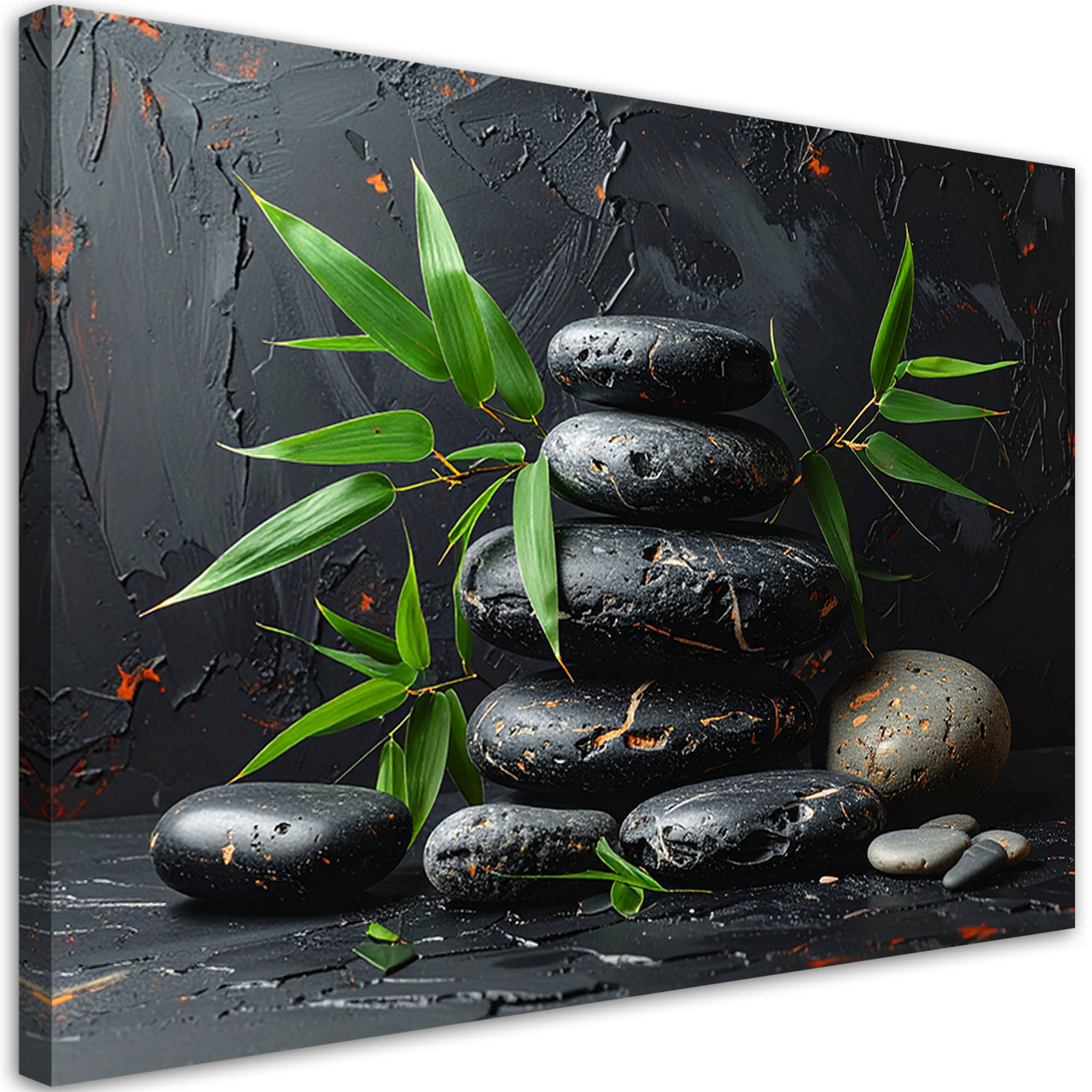 Obraz do salonu sypialni, Czarne kamienie zen spa liście na czarnym 30x20