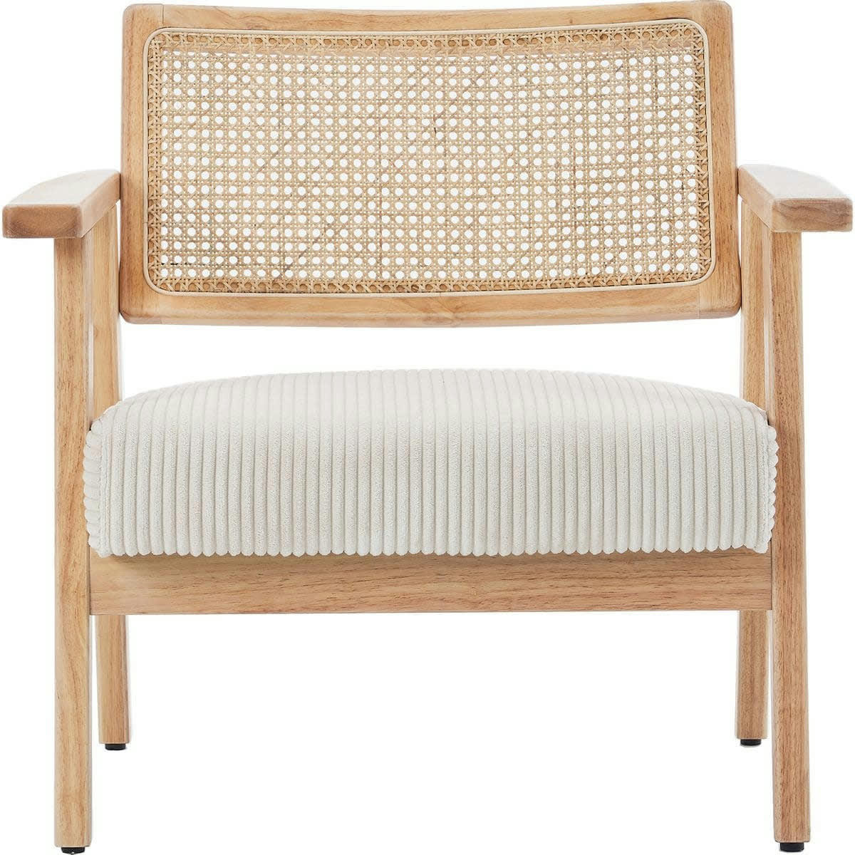 TIM - Fauteuil en velours côtelé beige et cannage naturel