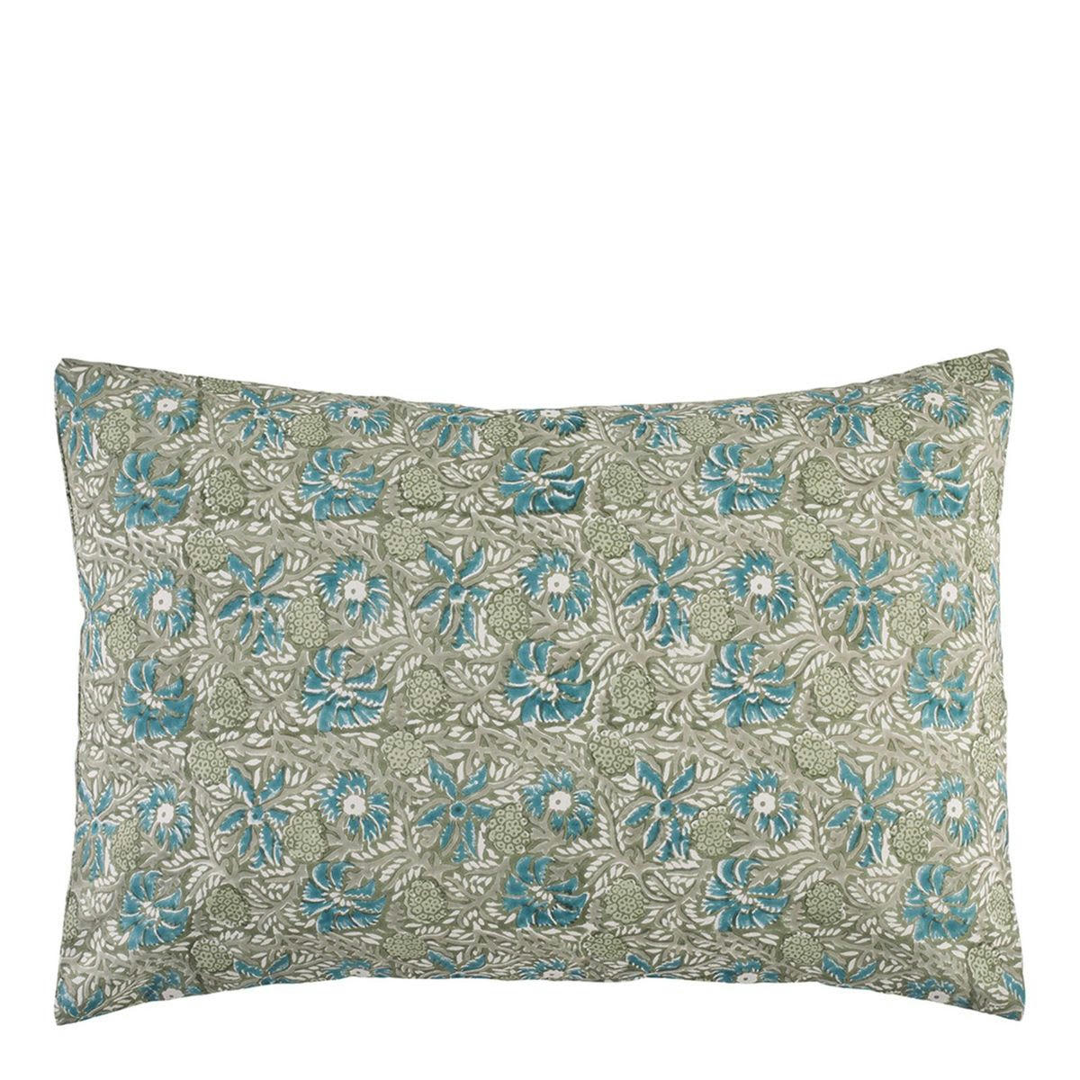 - Coussin carré déhoussable en coton block print dominante vert Pamir