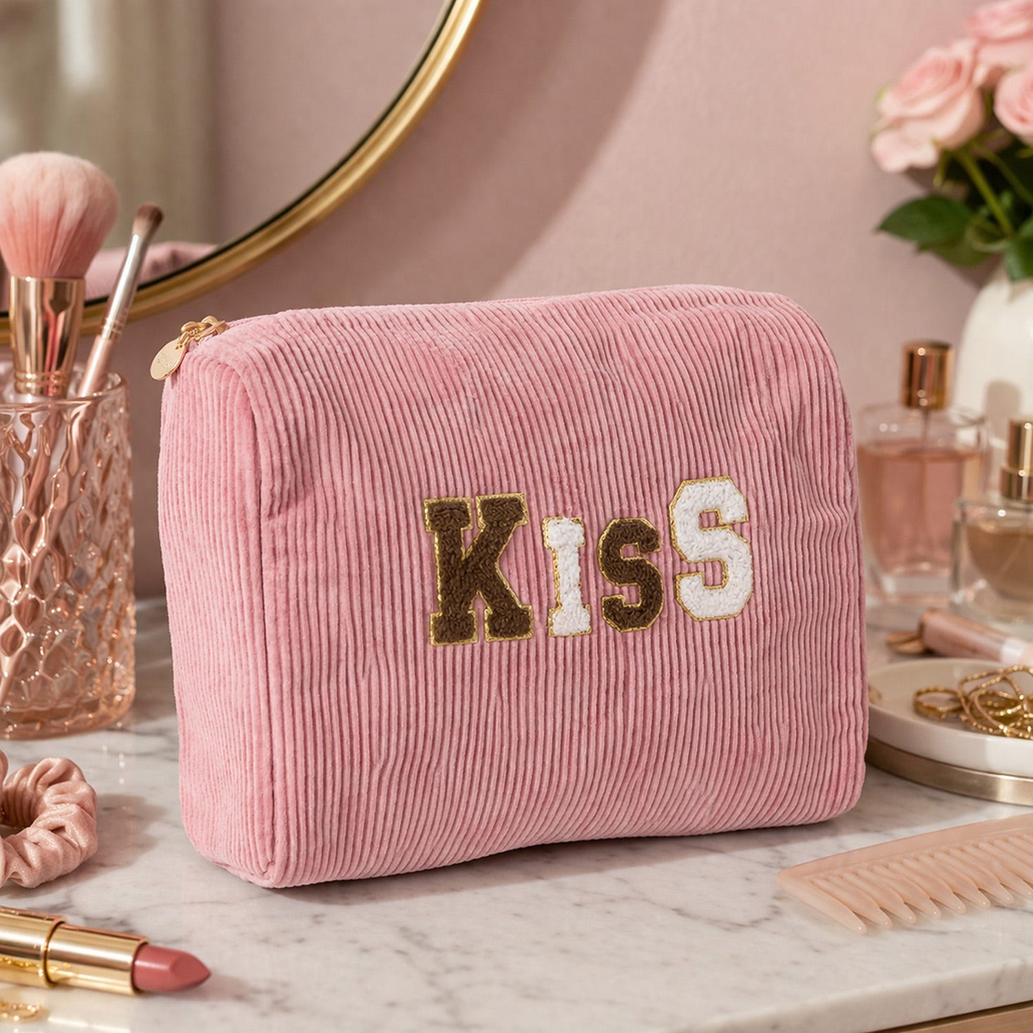 Pochette trucchi Kiss rosa con cerniera Bloomy Collection