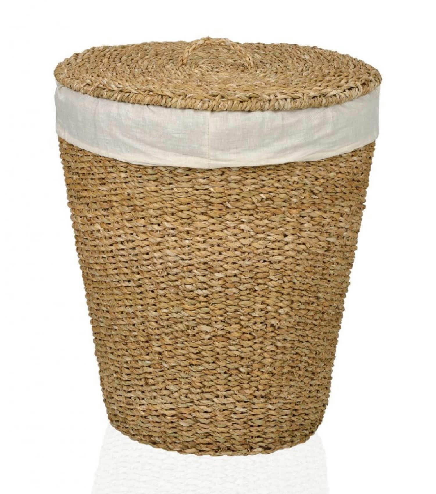 ROTIN - Panier à linge rond en rotin et intérieur en lin