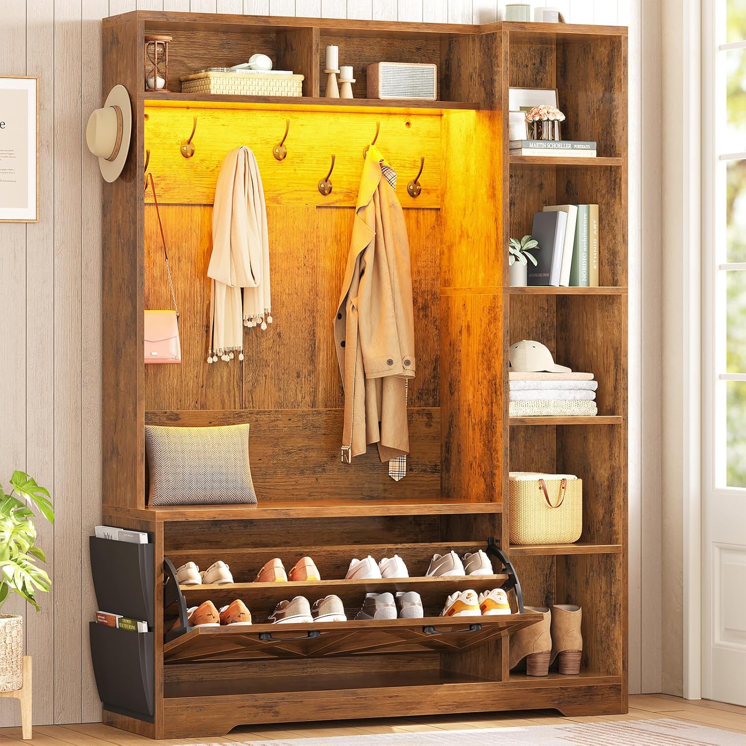 Itaar Hall Tree with Bench and Shoe Storage, Farmhouse Entryway Bench with Coat Rack, Shoe Cabinet with Flip Drawers, 7 Shelves, 10 Coat Hooks, Storage Bag, Led Lights, Rustic Brown