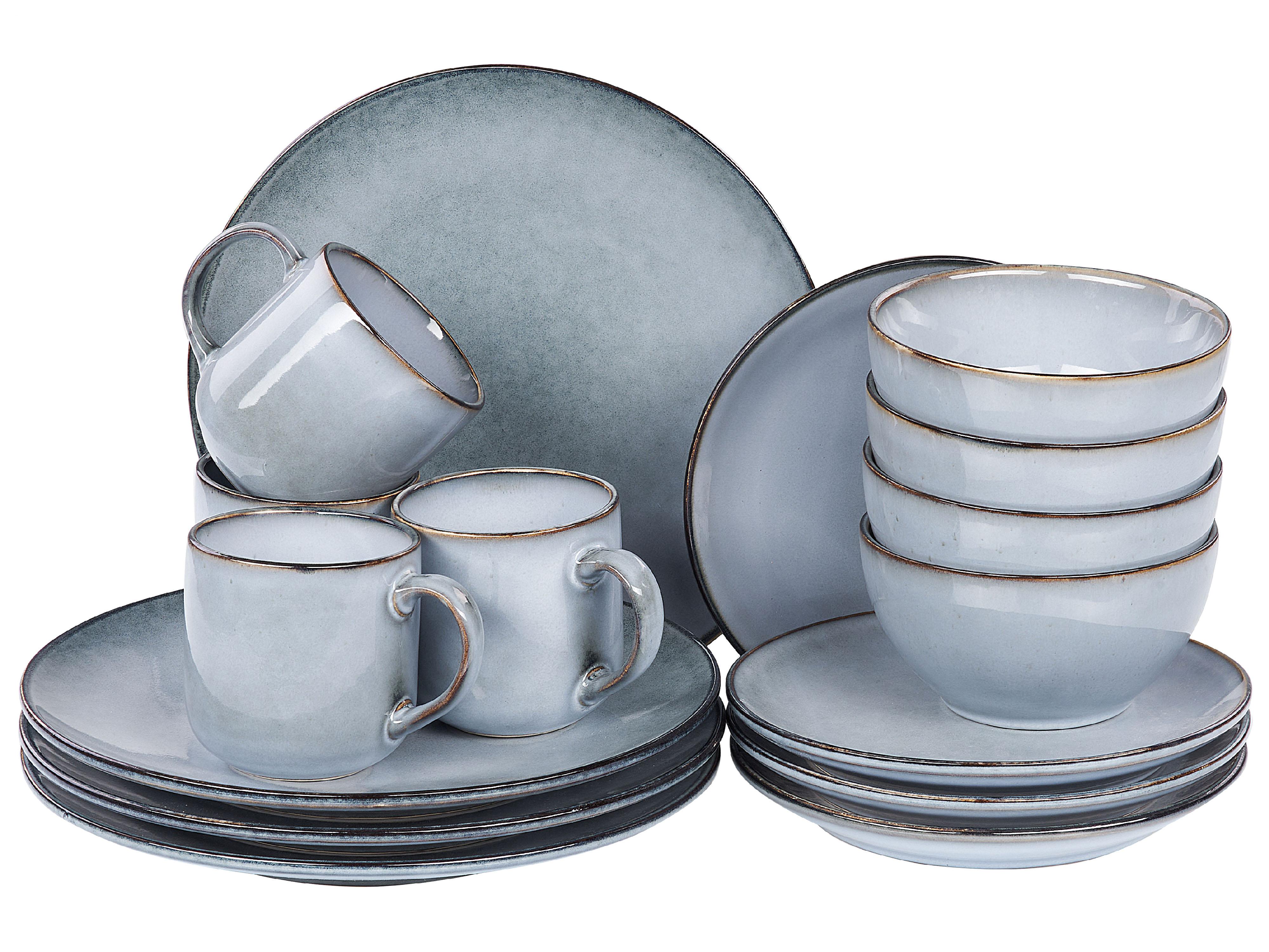 Set of 16 Dinnerware JUNIPER Stoneware Light Blue