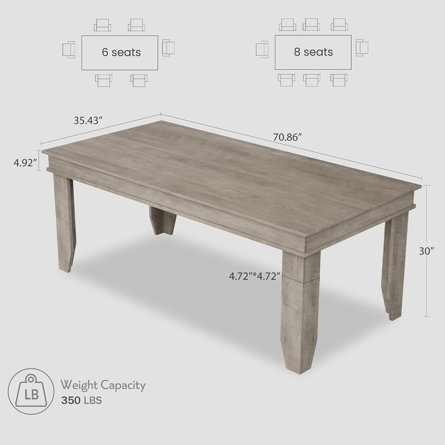 GarveeHome Farmhouse Dining Table for 6-8 People, 71 in Long Kitchen Tables with Wooden Sturdy Frame, 6 ft Large Rectangular Dinner Table for Dining Room, Kitchen, Grey, 71 Non-extendable