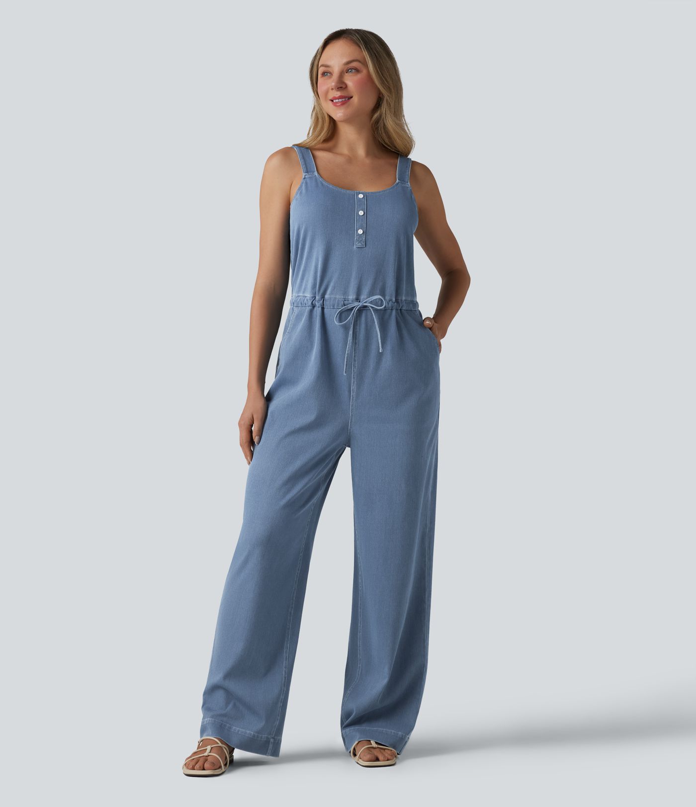 Halara Flex™ Combinaison casual en denim coupe droite cordon de serrage avec poches