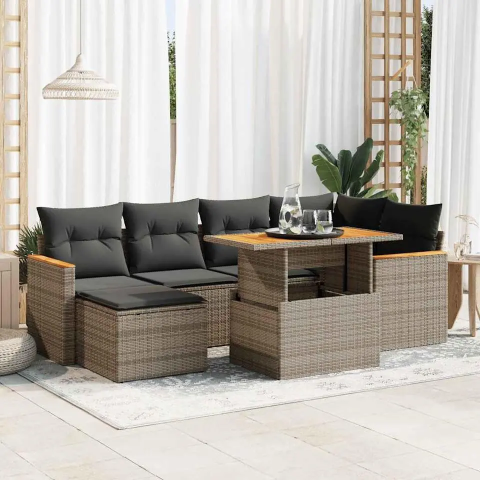 vidaXL Loungeset 6 zits met kussens & verstelbaar salontafel poly rattan - Grijs
