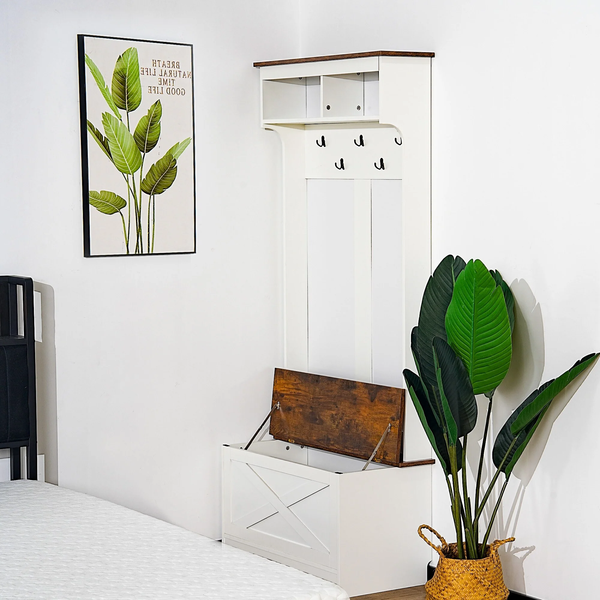 Wardrobe, Versatile Hall Tree with Bench & Storage, Home Wardrobe, Bedroom Storage, Minimalist Coat Rack, Vintage White