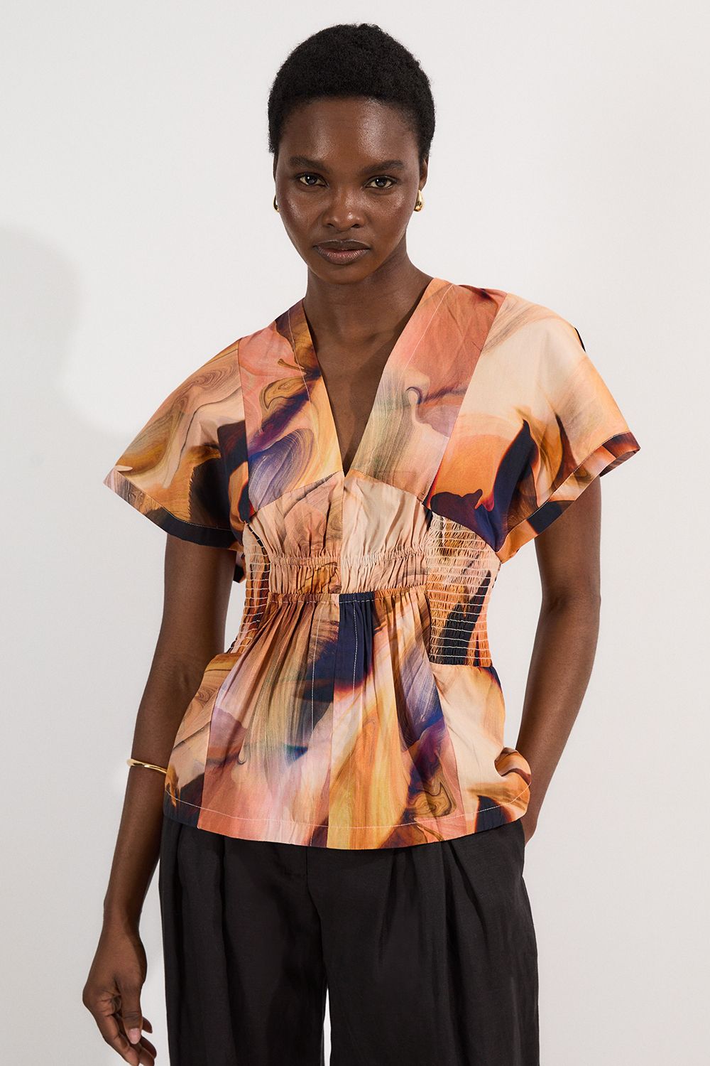 KarenMillen Shirred Cotton Printed Woven Plunge Neck Short Sleeve Top