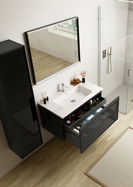 Meuble vasque suspendu noir mat et verre fumé l.90 cm   plan vasque blanc céramique, Pura