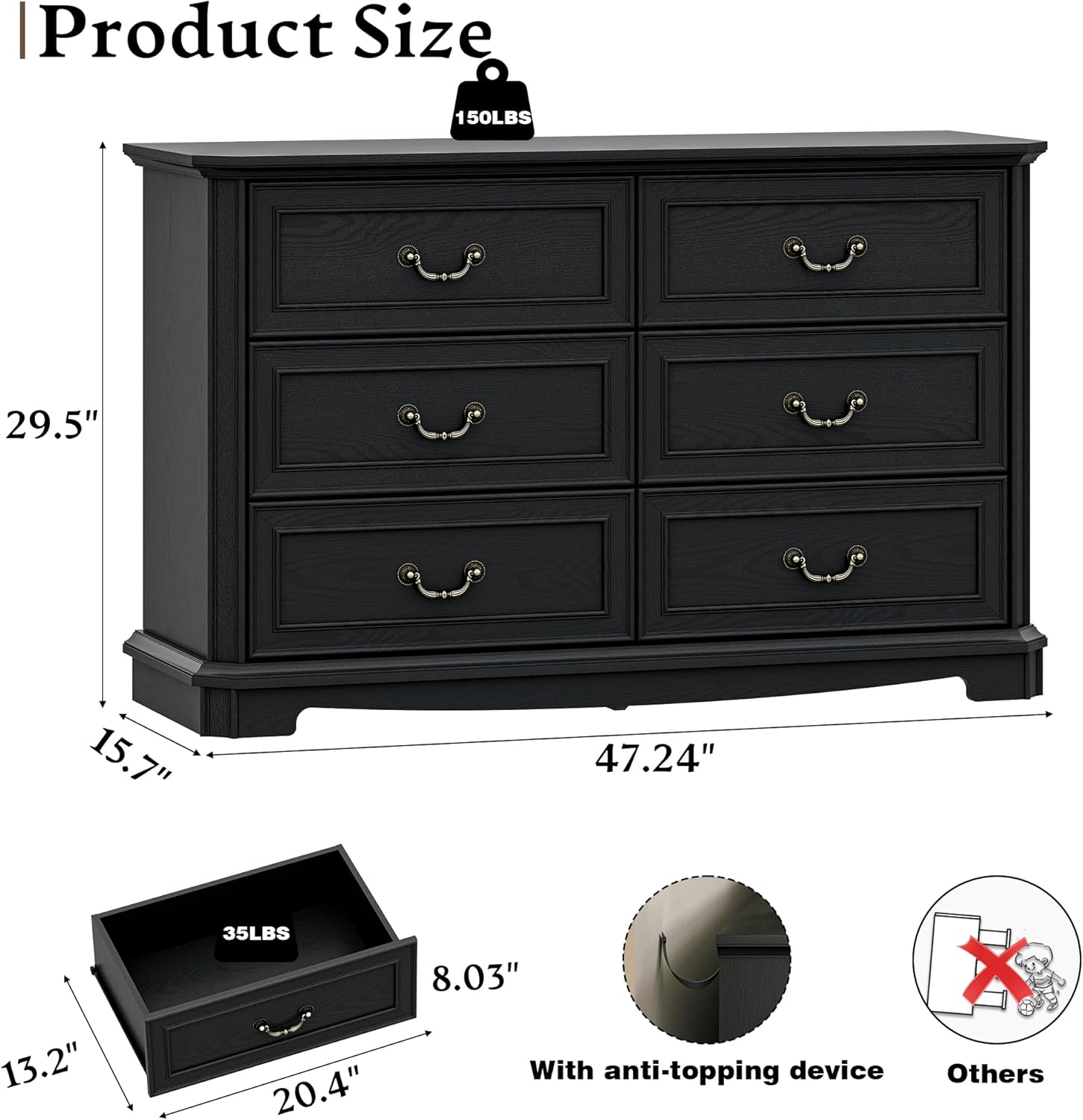 Farmhouse Dresser for Bedroom with 6 Drawer, 48 Wide Rustic Chest of Drawers with Metal Handle, Wood Vintage Dresser TV Stand, Wooden Closet Storage Dressers Organizer for Living Room, Hallway, Black