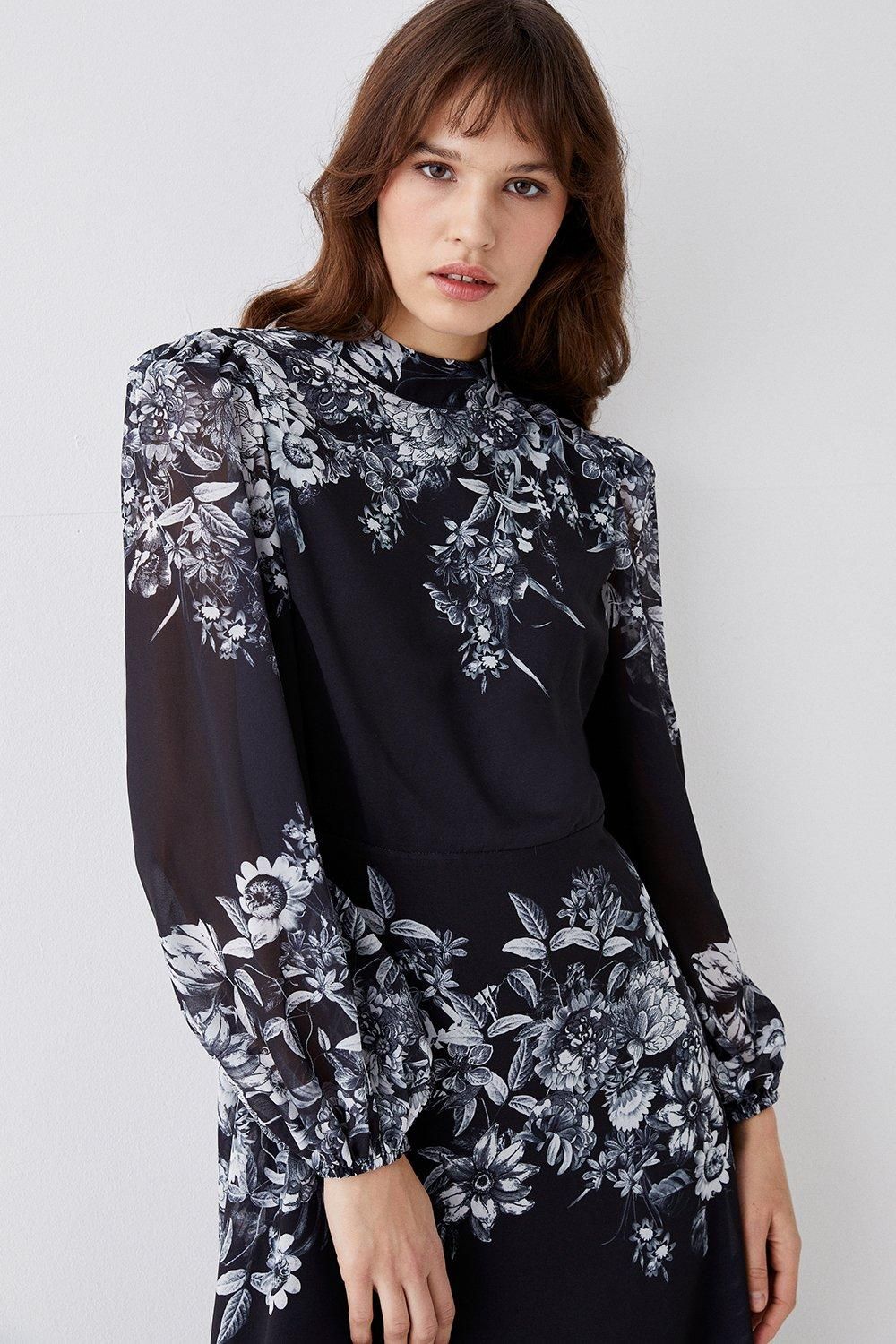Coast Placement Print Volume Sleeve Midi Dress
