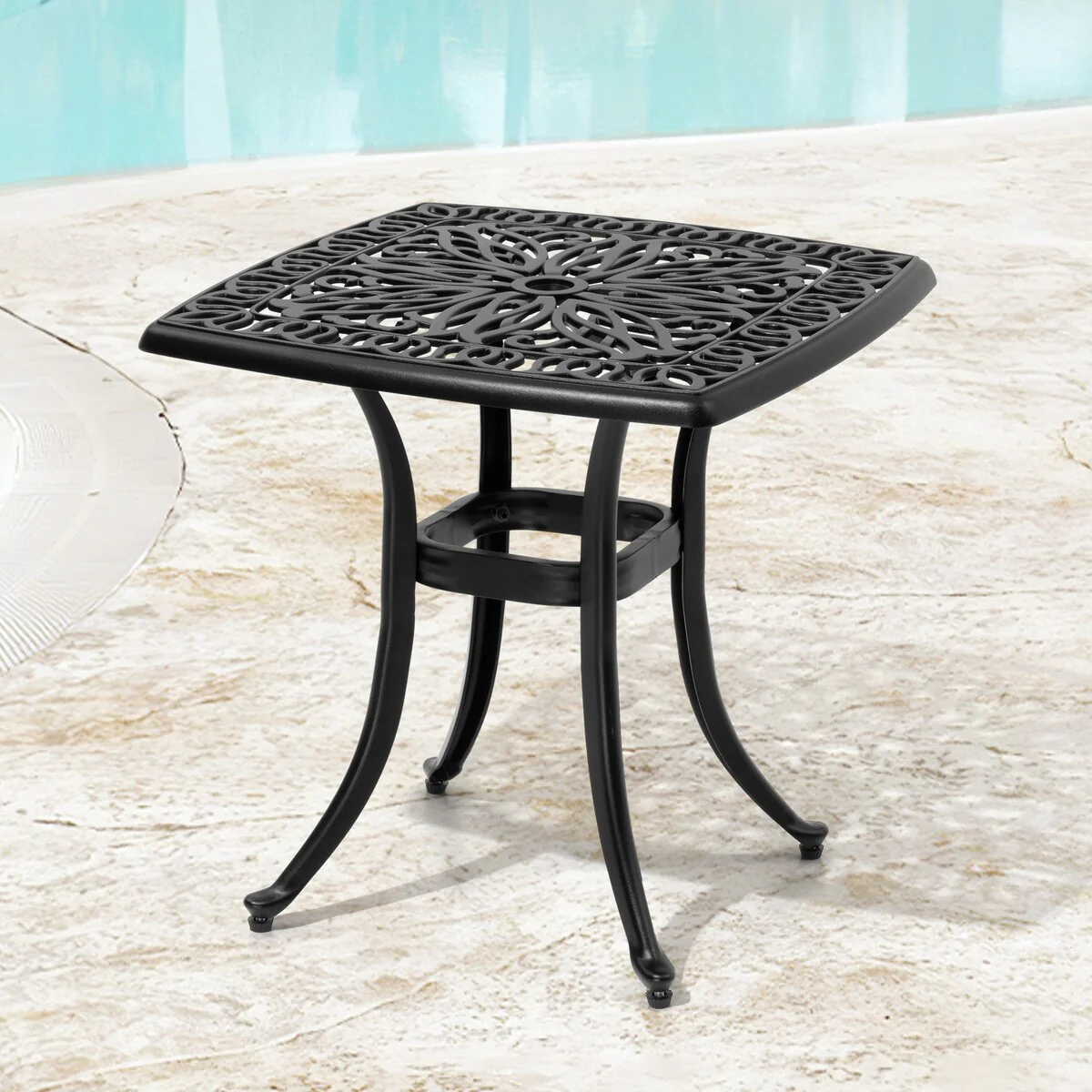 VredHom Cast Aluminum Patio Outdoor Square Table with Umbrella Hole - 21 in L * 21 in W * 20.9 in H