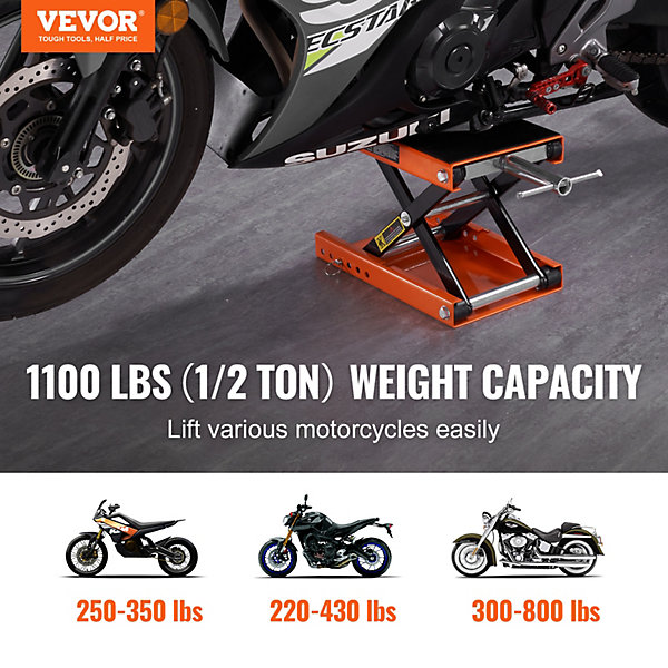 Cric moto à ciseaux 500 kg, ht. levage 9,5-35 cm, plate-forme 36,5x22 cm antidérapante, pour ATV.