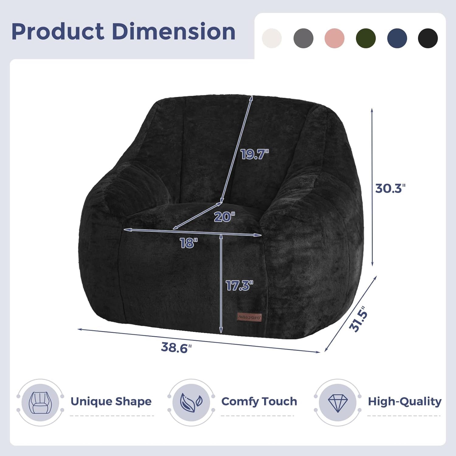 MAXYOYO Bean Bag Chair, Comfy Bean Bag Sofa with Back Support, Faux Fur Bean Bag Chair for Adults and Kids, Stuffed Floor Sofa for Living Room, Bedroom, Apartment, Black