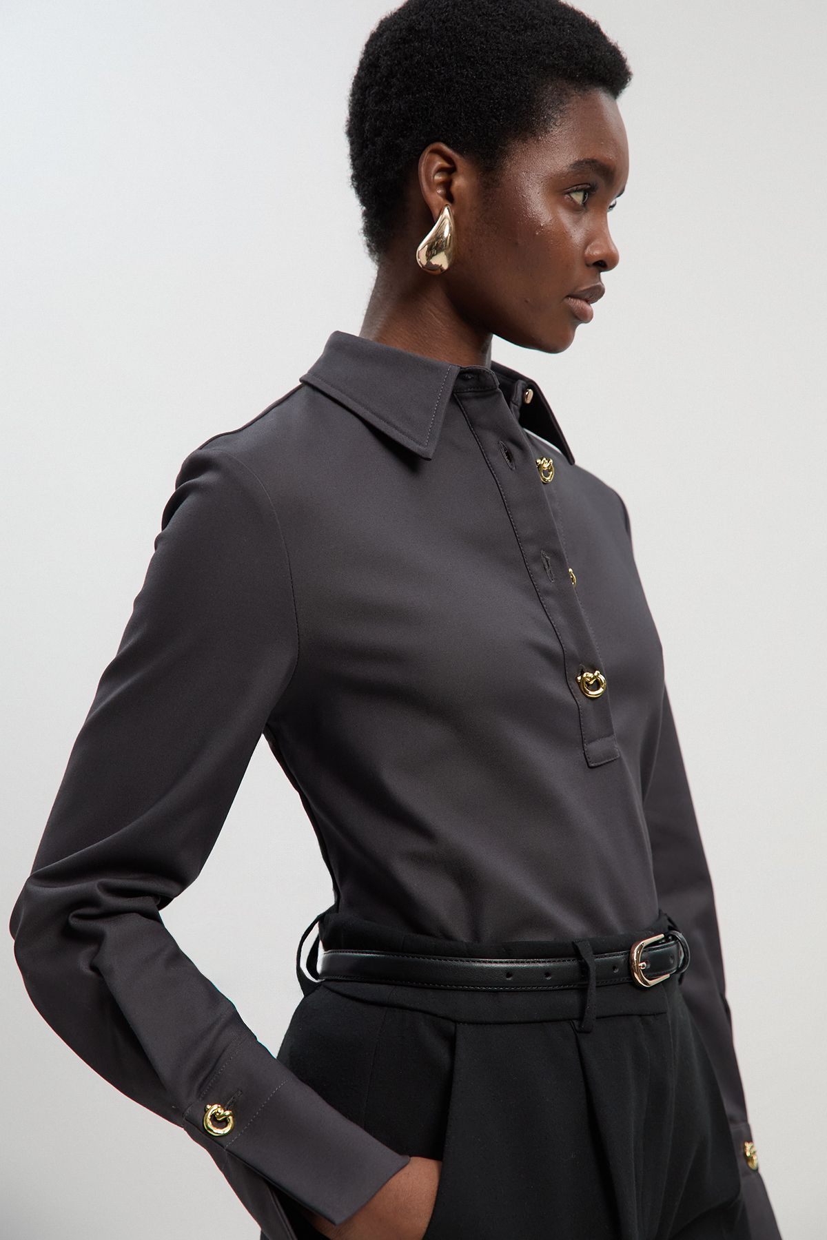 KarenMillen Techno Cotton Silver Clasp Detail Long Sleeve Shirt