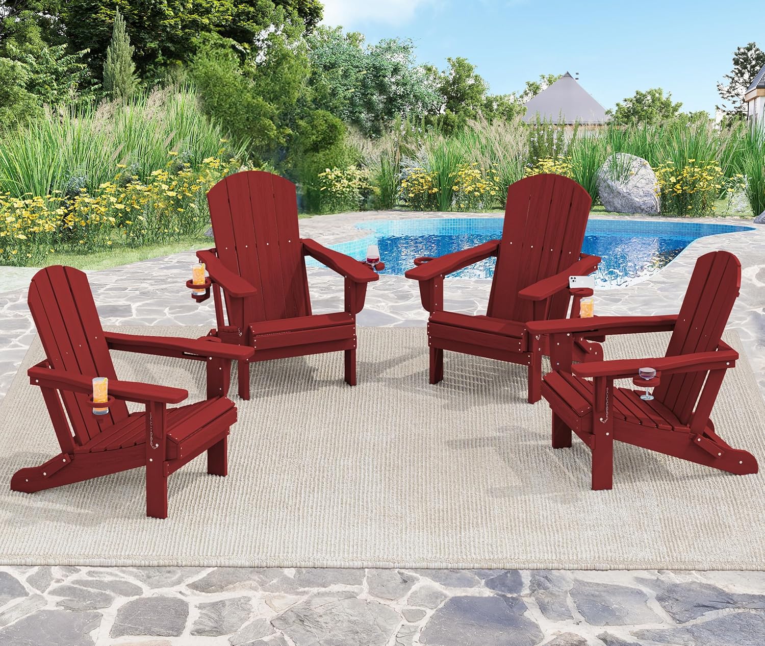 SERWALL Adirondack Chair with Cup Holders - Composite Adirondack Chairs Set of 6 HDPE Outdoor Chairs All Weather Use- Dark Red
