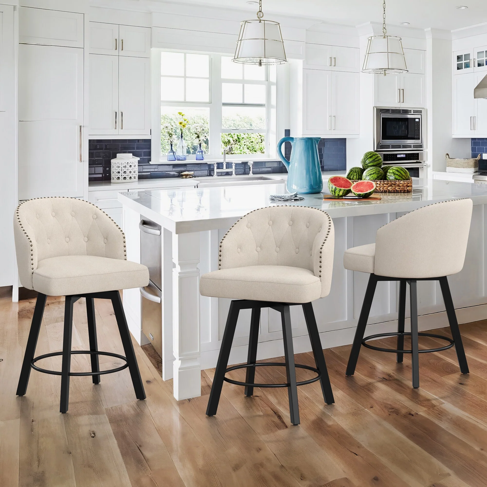LUE BONA 26 Swivel Counter Height Swivel Bar Stools Set of 3 Upholstered Counter Stools - 26 H