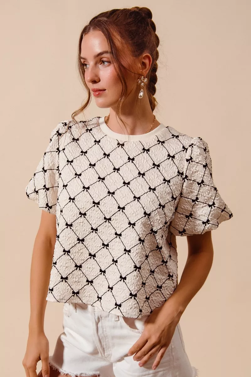 Bow Texture Woven Bubble Sleeve Top