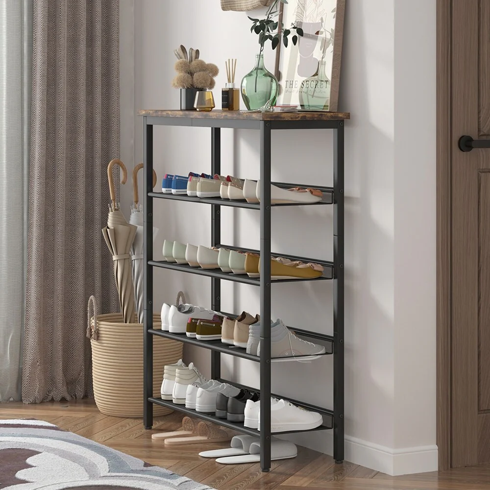 5-Tier Shoe Rack, Storage rack with 4 mesh shelves, Metal Frame - 30Lx11.5Wx37H
