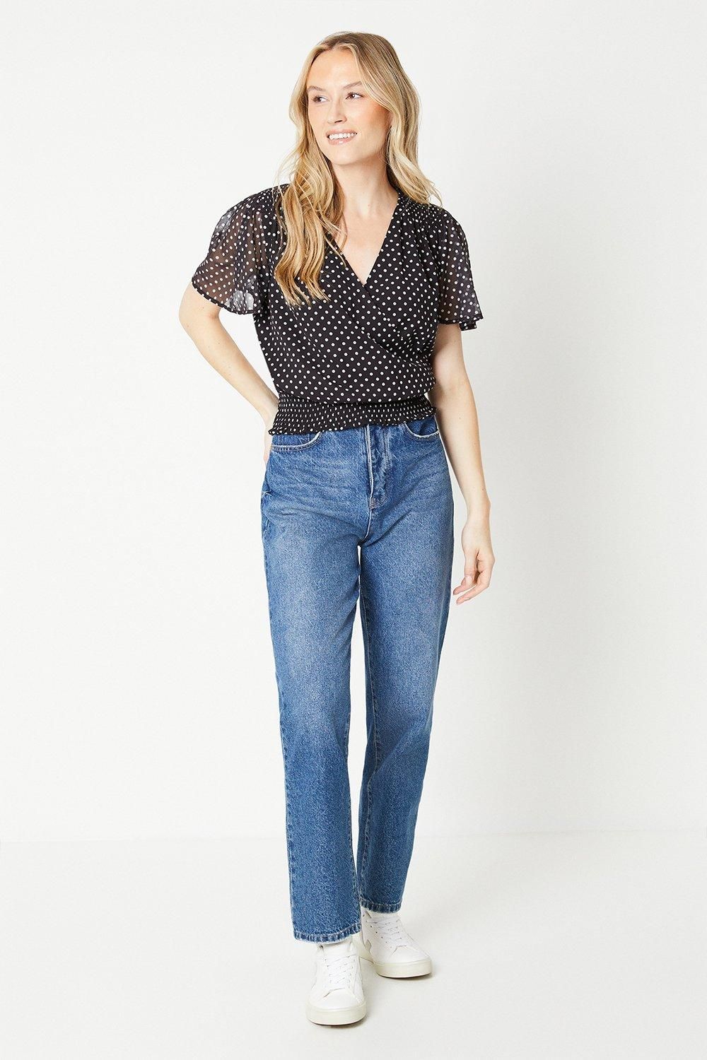 Dorothy Perkins Spot Chiffon Shirred Hem Wrap Blouse