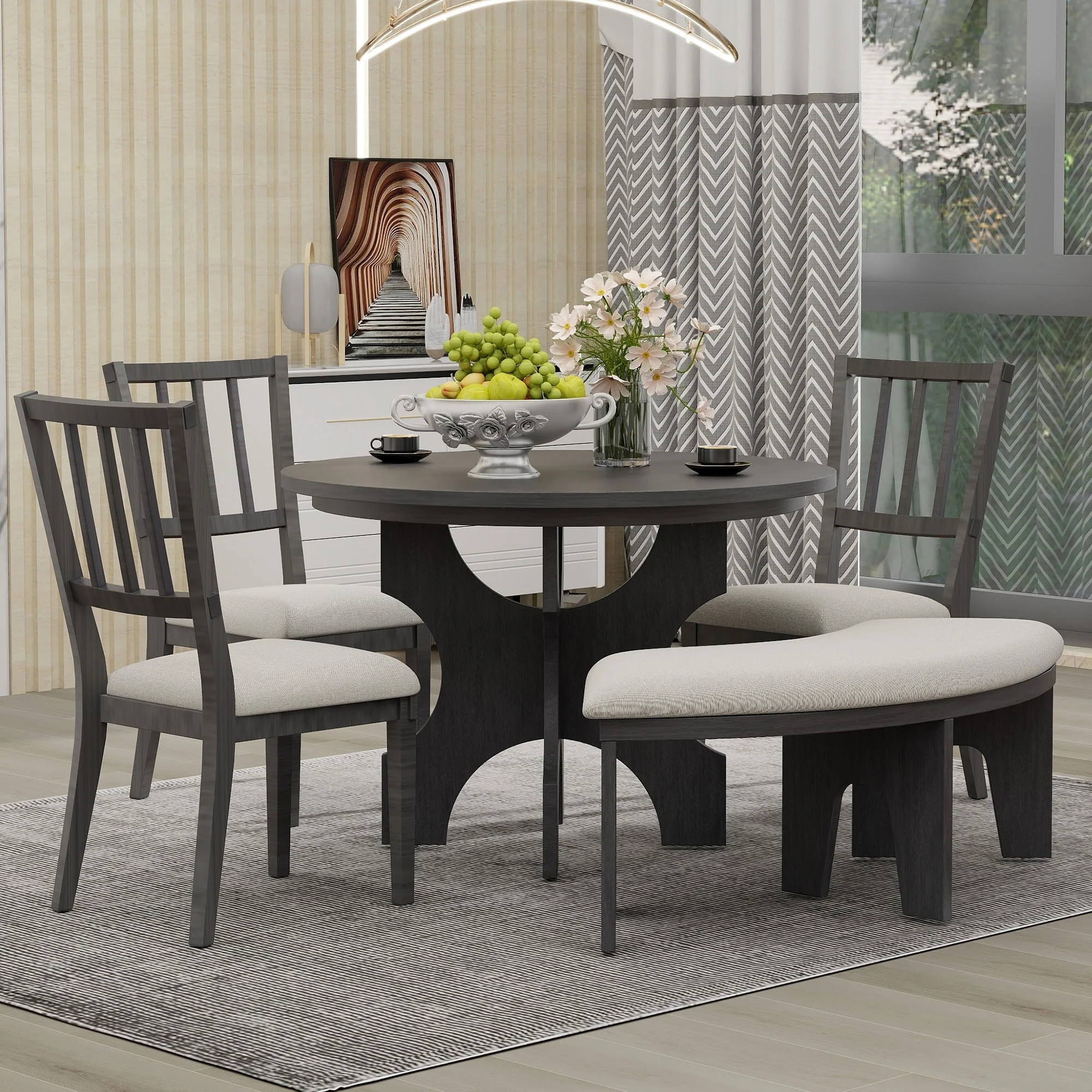 Rustic Style 5-piece Dining Set with Round Table, 3 Upholstered Chairs and Side Chairs