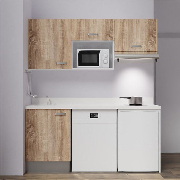 Kitchenette K55 - 180 cm - façades Bois - Plan monobloc en quartz coloris Snova évier à gauche