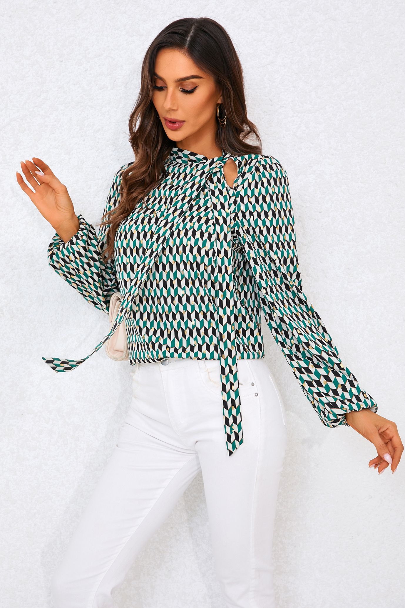 FS Collection Geo Print Side Tie Blouse Top