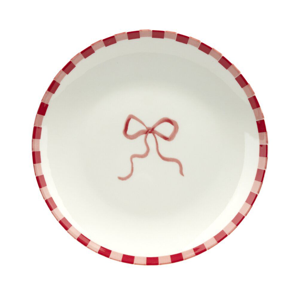 Assiette à dessert porcelaine motifs noeud et rayures blancs et rouges Ø19cm