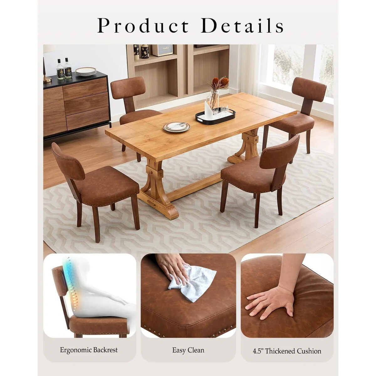 Modern Fabric Dining Chairs, Upholstered Kitchen Chairs with Hardwood Frame, Wood Legs, Nailhead Trim