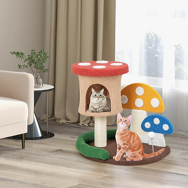 Arbre à Chat Forme Champignon avec Poteau en Sisal Enveloppant Planche à Griffer Balle à Ressort Condo Plateform 59cm