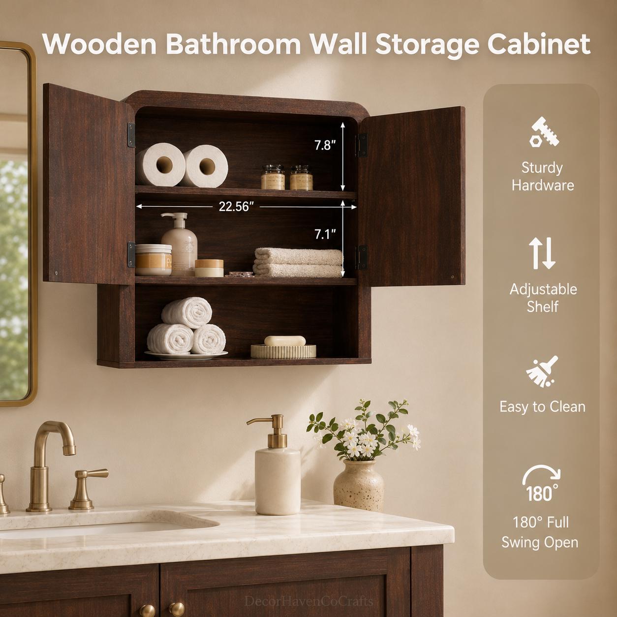 Dark Brown Wooden Wall Cabinet, Bathroom Organizer, Adjustable Shelf Storage