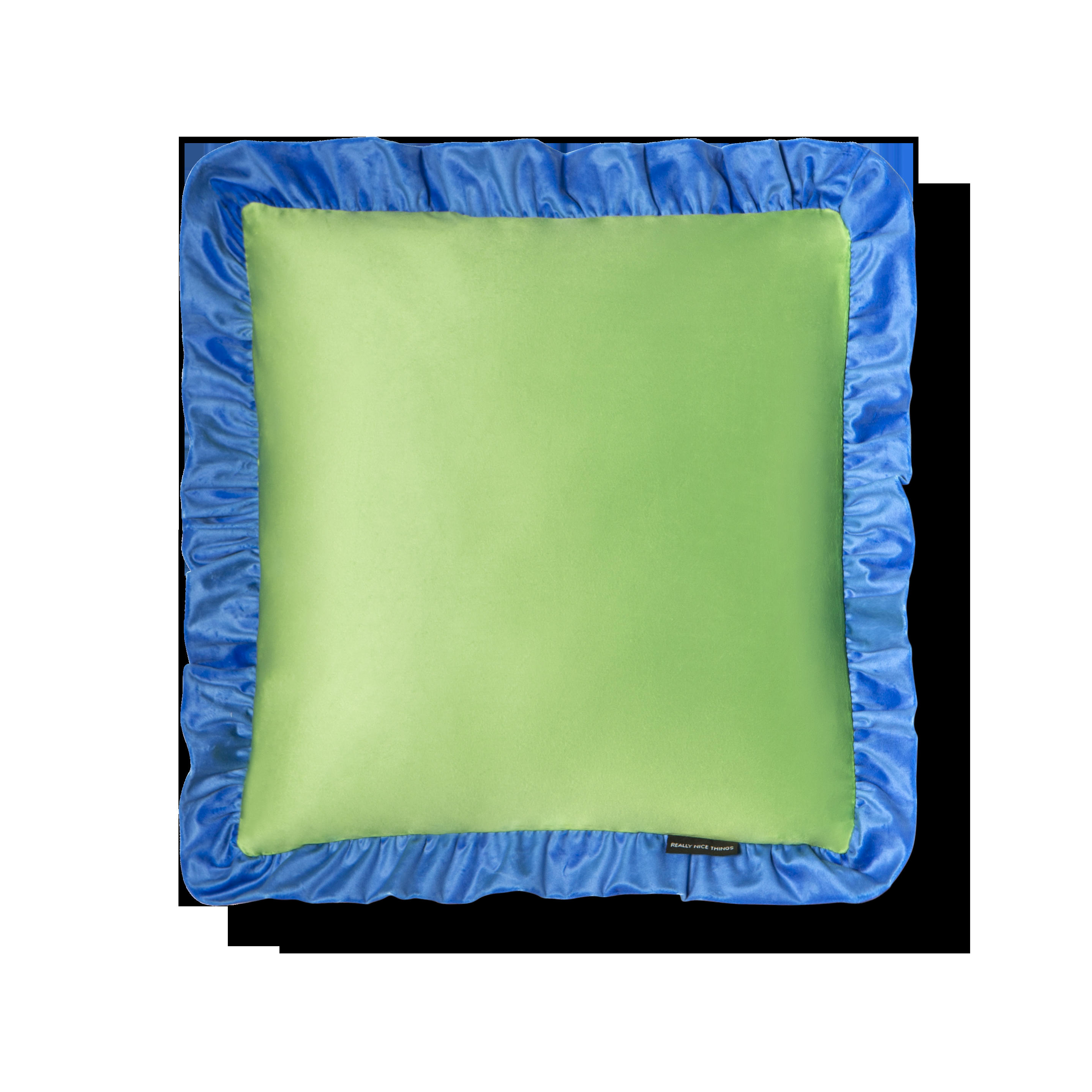 RUFFLE - Coussin en velours avec volant plissé, bleu et vert pomme