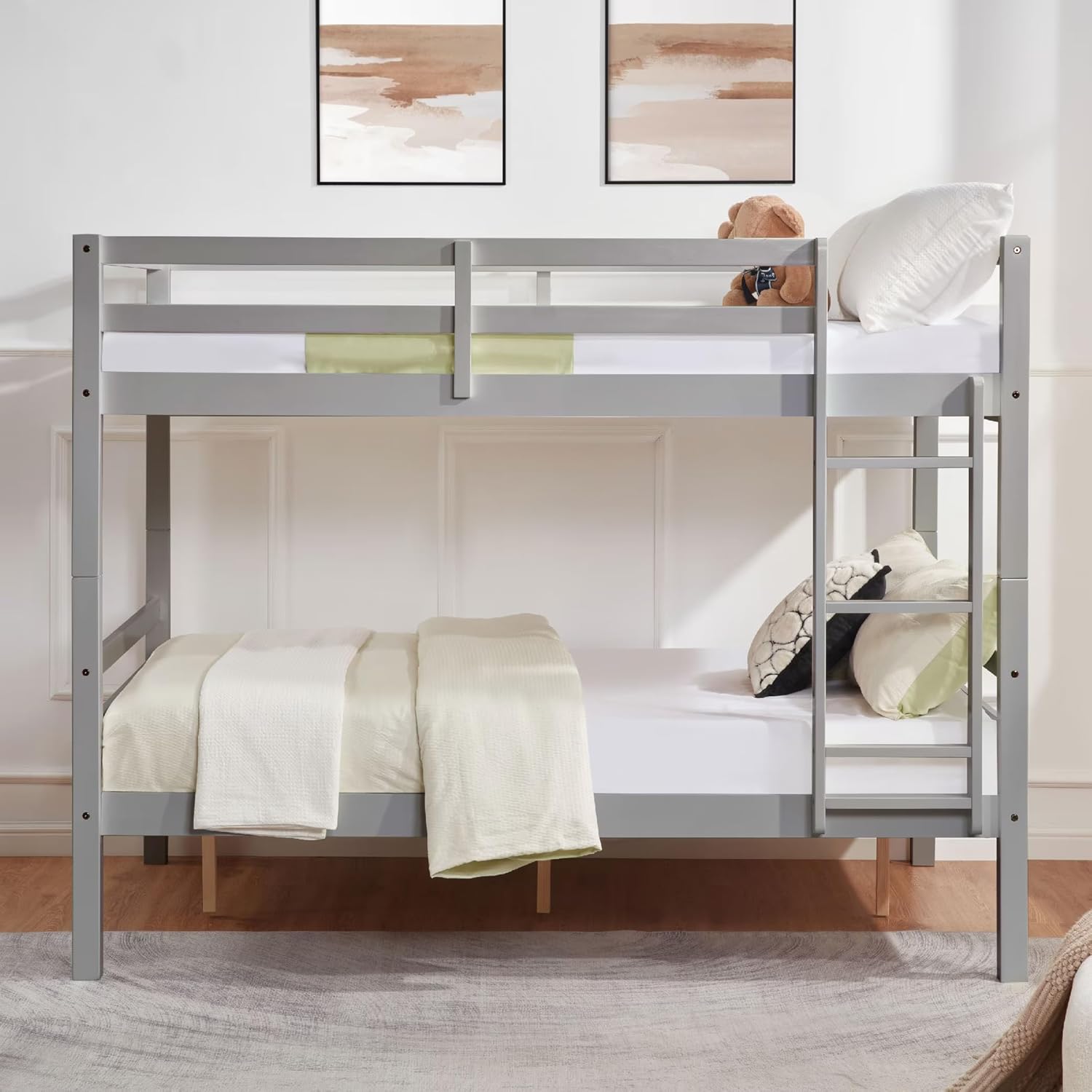 Full Over Full Bunk Bed with Ladder, Solid Wood Bunk Bed with High Guardrail and Ladder for Kids, Teens, Dorm Rooms, and Guest Rooms, No Box Spring Needed, Grey