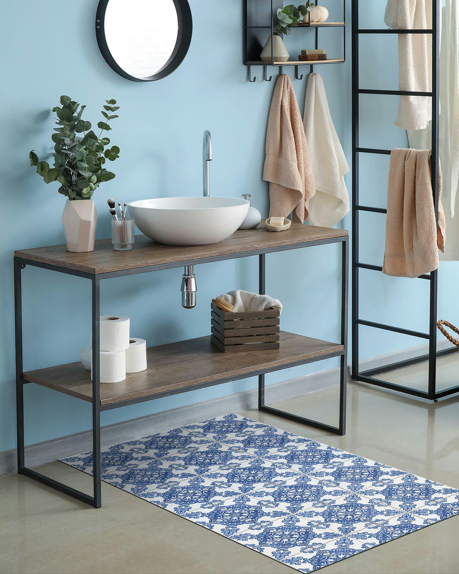 ALFOMBRAS AZULEJOS - Tapis vinyle carreaux ciments cordoue bleu 80x250cm