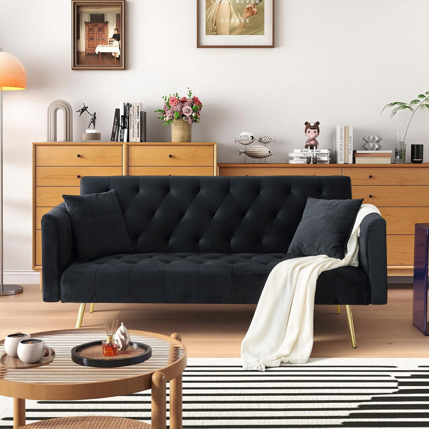 Anwick 72 Modern Velvet Sofa Bed Futon,Convertible Folding Sleeper Bed Couches with 3 Adjustable Backrests,Tufted Recliner Loveseat with Golden Chrome Legs for Small Living Room Office (Black)