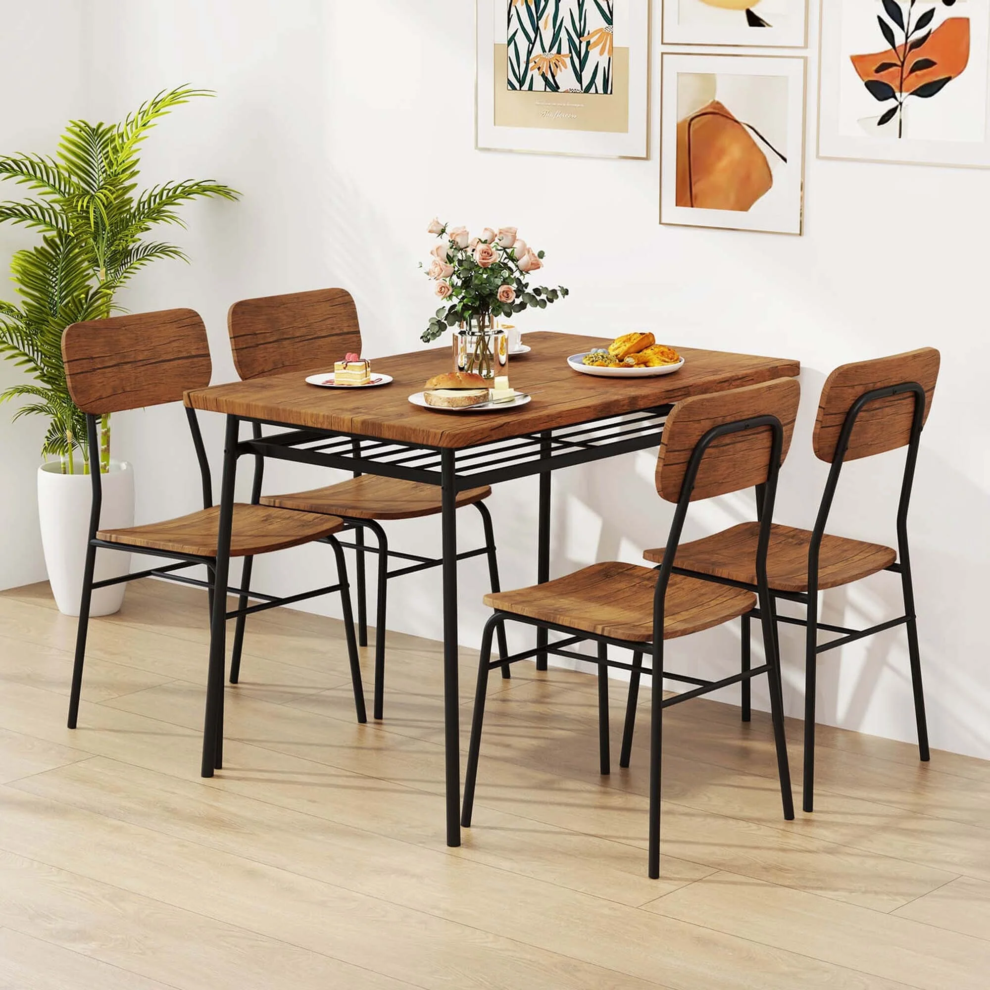 Costway 5 PCS Wood Square Kitchen Table & Chair Set with Metal Frame